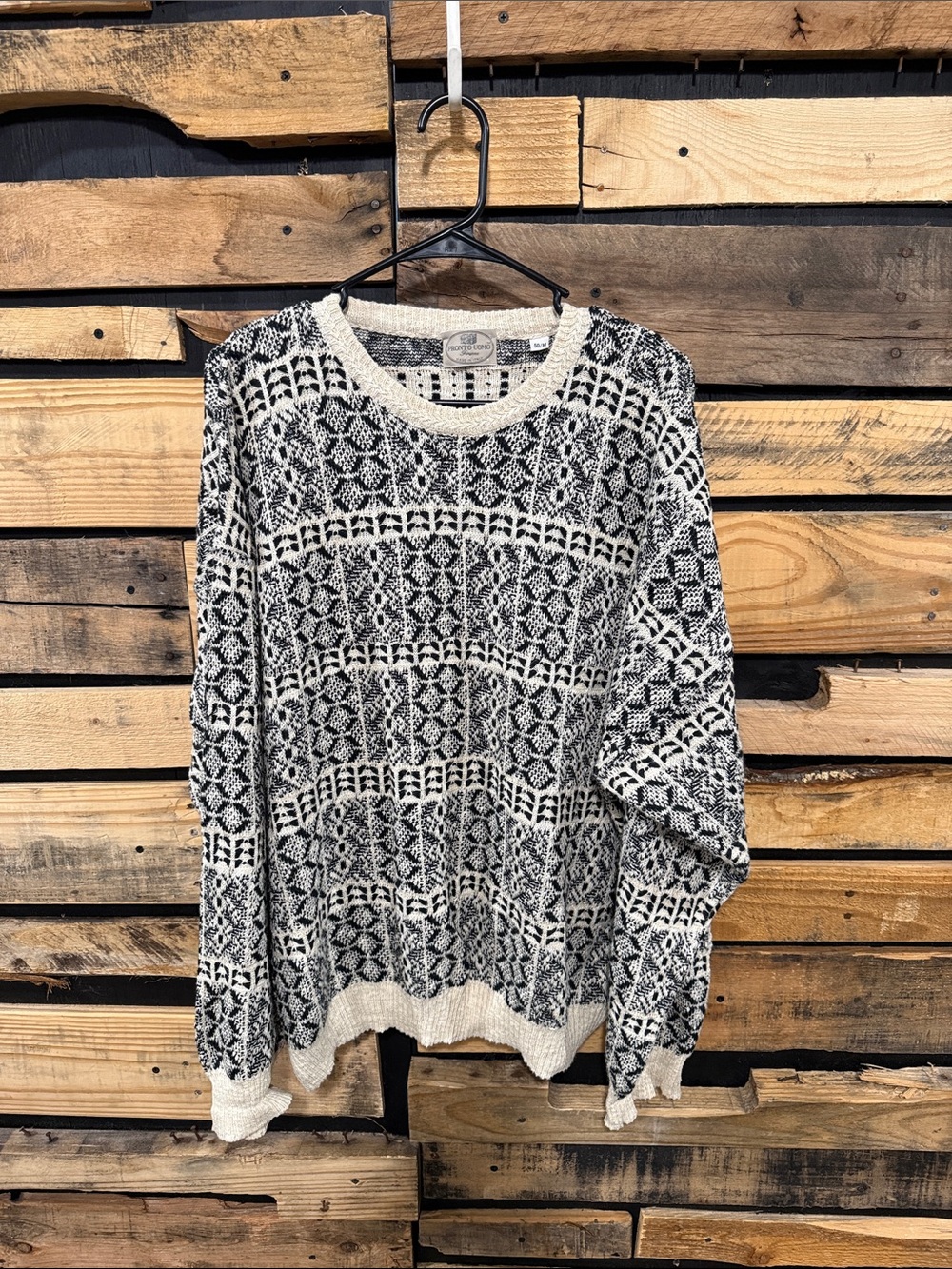 Vintage Pronto Uomo Beige/Black Geometric Linen Blend Crewneck Sweater Size XXL